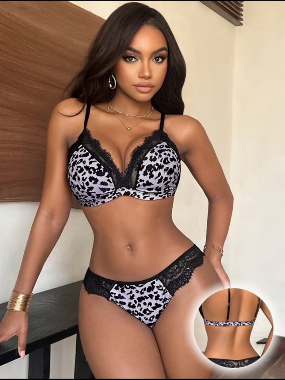 Black & White Leopard Lace Trim Push-Up Bra and Bikini Set